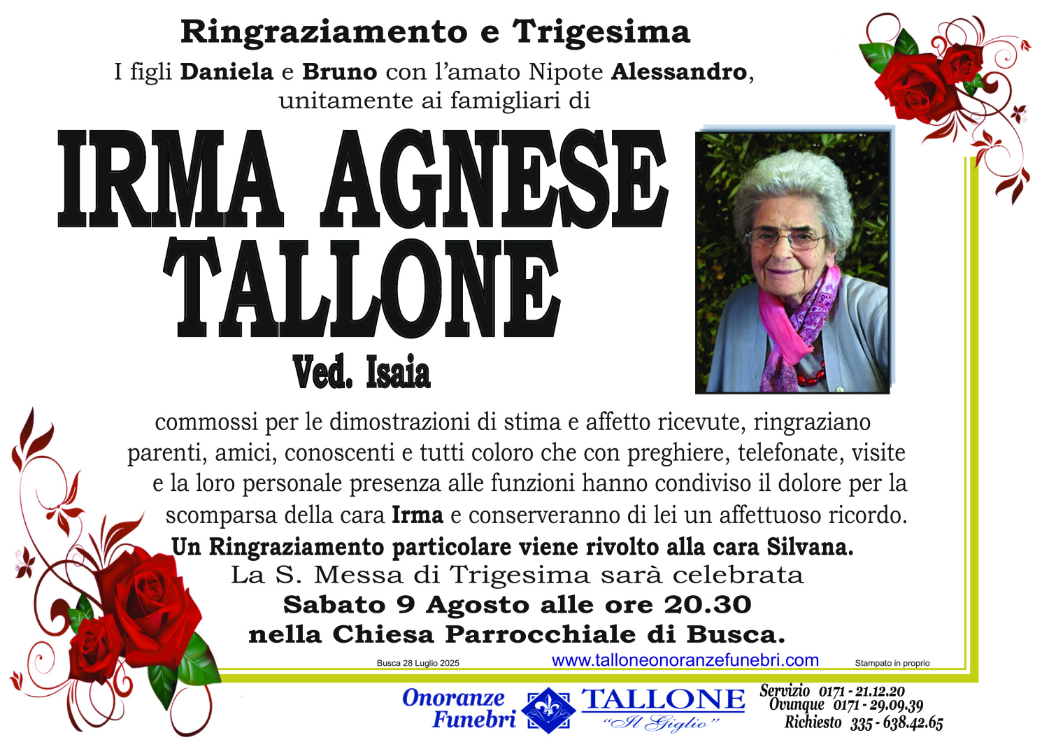 <br />
<b>Warning</b>:  Undefined variable $info in <b>/home/tallone/public_html/ringraziamenti.php</b> on line <b>68</b><br />
Irma Agnese Tallone